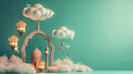 Wall Mural - 3D mini mosque with lanterns for Ramadan and Eid. Festive green background.