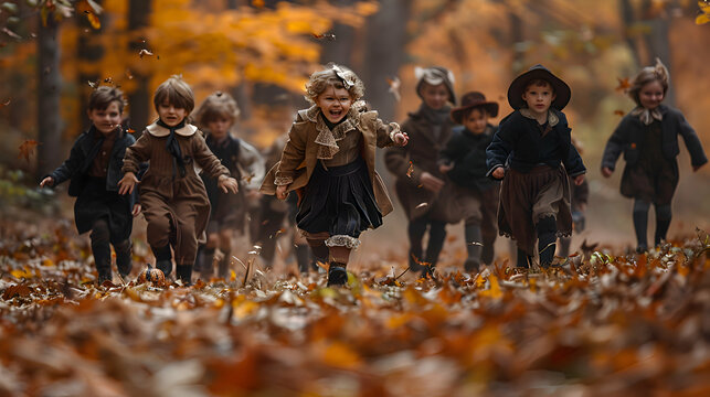 A scene of children running through fallen leaves, their Halloween costumes fluttering in the breeze