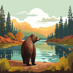 brown bear standing on the edge of the lake with a view of trees and mountains