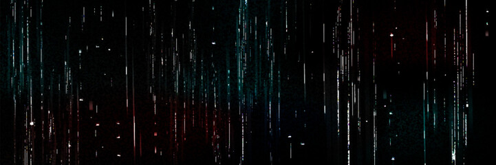 Poster - retro vhs tv screen error effect with colorful lines and pixels texture on black background. realist