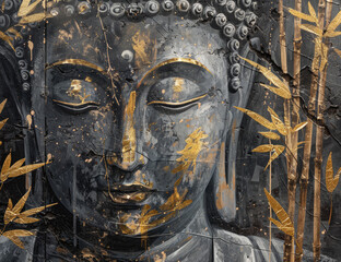 Poster - A closeup of the Buddha's face, with golden lotus flowers and leaves on his head, surrounded by an ancient temple wall background, painted in black gray tones with gold lines