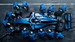 © master1305 - View from above, car receives rapid servicing from dedicated pit crew in blue gear. Coordination and efficiency required to maintain competitive edge in racing.