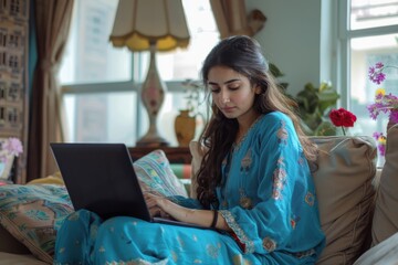 A woman in a blue dress is sitting on a couch and using a laptop