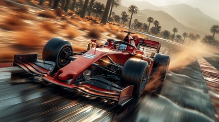 Close-up of of red sleek race car navigates challenging turn on dust racetrack blurred in motion.