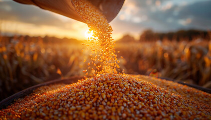 A person is pouring corn kernels into a metal bucket outdoors.