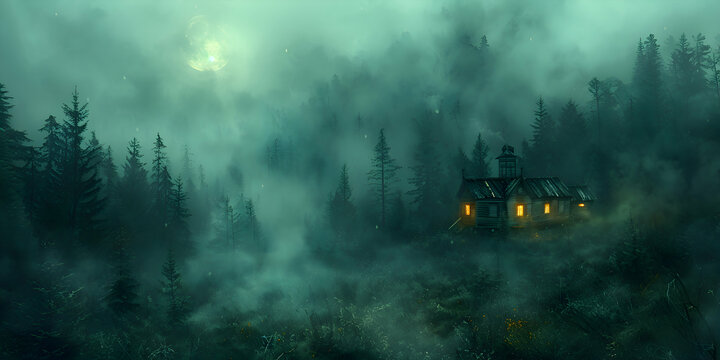 A spooky Halloween night with a haunted hayride passing through a ghostly forest, illuminated by moonlight and fog.