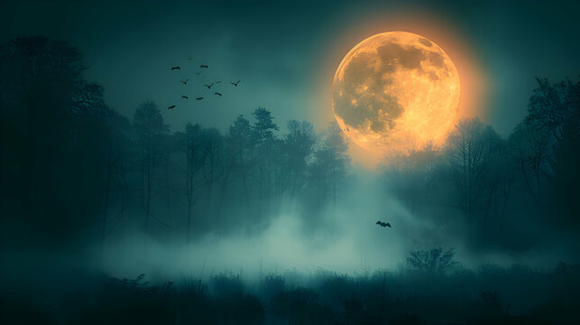 A spooky Halloween night with bats flying across the full moon, surrounded by eerie decorations and fog.