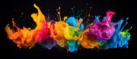 Poster - Abstract colorful art liquid floating colors splashes background banner - Colorful acrylic paint splashing, color splash bold rainbow colors, isolated on black background texture