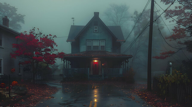 A spooky Halloween night with a haunted house at the end of the street, fog and eerie lighting creating a mysterious atmosphere