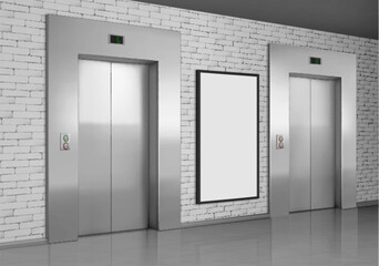 Hotel elevator mockup. Lift and tv led screen in lobby. 3d building hallway interior and empty digital television monitor. Blank steel closed entrance area perspective banner. Realistic indoor gate