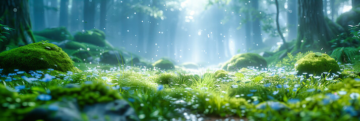 Wall Mural - Enchanted Forest Scene with Sunlight Filtering Through Mist, Creating a Magical Atmosphere