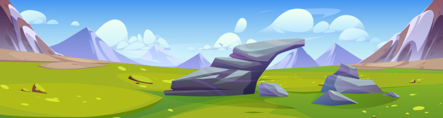 Wall Mural - Summer or spring landscape with green grass on valley with large stones surrounded by mountains. Cartoon vector scenery with meadow, rocky hills and blue sky with clouds. beautiful countryside park.
