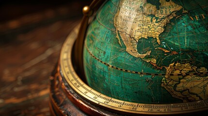 1805 03 A close-up photograph of a globe with finely detailed topography, set against a blurred background of a study or library filled with books and maps, creating a sense of exp