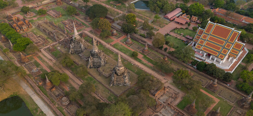 Aerial of Ayutthaya historical park located in Ayutthaya province , Thailand.