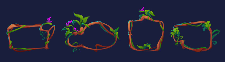 Poster - Jungle liana creeping branch frames. Cartoon vector illustration set of borders from climbing tropical tree with green leaves and flowers. Boundary box made of twisted plant stem, greenery and blossom