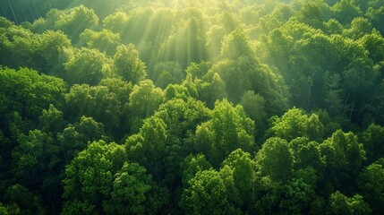 An aerial view of a lush green forest with sunlight filtering through the canopy, illustrating the rich biodiversity and organic growth of a natural ecosystem.