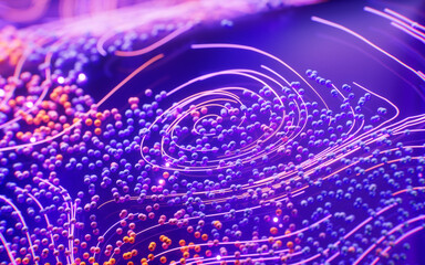 Poster - Flowing curve lines and particles, 3d rendering.