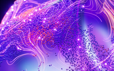 Poster - Flowing curve lines and particles, 3d rendering.