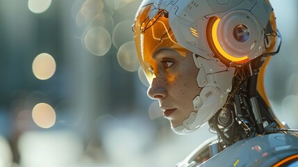 Poster - Profile view of a female cyborg with orange highlights and a futuristic helmet, set against a blurred background with bokeh.