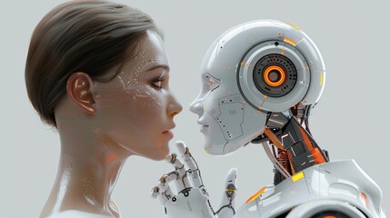 Poster - A human woman and a robot engage in an intimate, close-up interaction, highlighting the blending of human and robotic features.