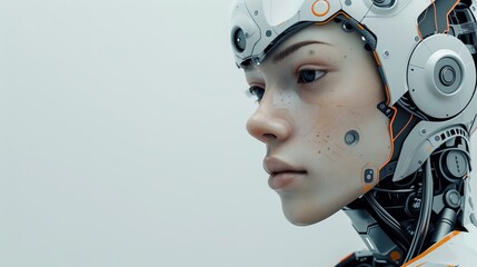 Poster - Profile view of a female cyborg with orange highlights and a futuristic helmet, set against a blurred background with bokeh.
