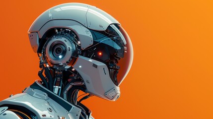 Poster - Profile of a futuristic robot with a sleek design and glowing accents, set against a vibrant orange background.