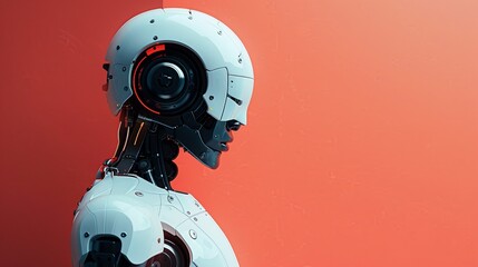 Poster - Profile of a futuristic robot with a sleek design and glowing accents, set against a vibrant orange background.