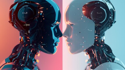 Poster - Two futuristic robots, one black and one white, facing each other against a split red and blue background, highlighting advanced technology.