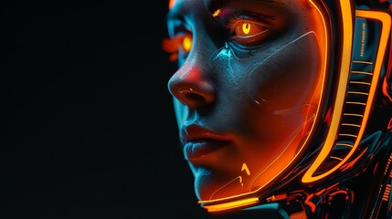 Poster - Close-up of a cybernetic woman's face with glowing orange eyes and neon accents, set against a dark background.