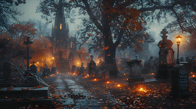 A spooky Halloween yard with cobwebs draped over tombstones and trees