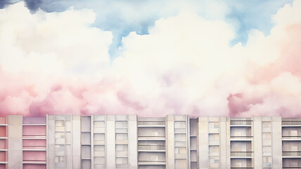 Poster - Multi-storey urban development in pink and blue clouds, background postcard in watercolor style