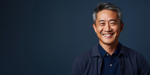 Navy Background Happy asian man. Portrait of older mid aged person beautiful Smiling boy good mood Isolated on Background ethnic diversity 