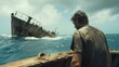© Zhanna - A lone survivor in tattered clothing stands near a sunken ship in a stormy ocean, portraying a scene of struggle and survival.