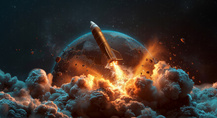 Poster - Rocket ascends into sky surrounded by clouds in a powerful launch.
