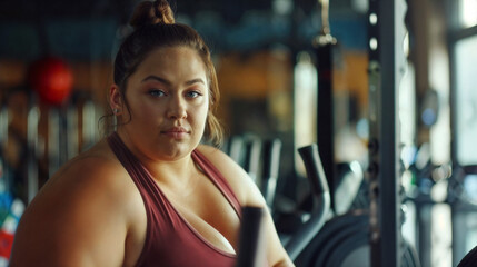 Sticker - A young woman in sportswear stands against the backdrop of a fitness club. Person after training in a Gym