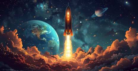 Poster - A rocket streaks through the sky against the backdrop of a distant planet.