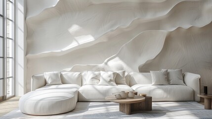 white abstract wallpaper featuring soft, organic shapes reminiscent of clouds or waves. Living room