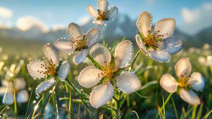 Wall Mural - Fresh Spring Flower, Macro of Raindrops on Blossoms, Highlighting Seasonal Renewal