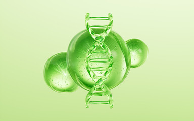 Wall Mural - DNA and green cosmetics liquid ball background, 3d rendering.