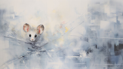 Wall Mural - white mouse, spring art work painting in impressionism style, light background white and blue shade design, background copy space