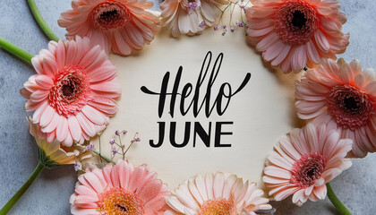 Abstract background with flowers frame around. Hello June - modern calligraphy lettering.