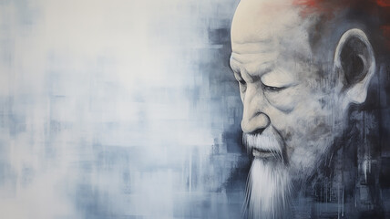 Wall Mural - light background, portrait of an old asian, oriental man with a beard, wise grandfather, art work painting copy space