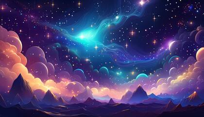 Abstract background with glowing stars and clouds in night