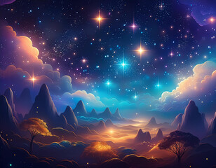 Abstract background with glowing stars and clouds in night