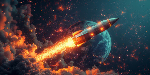 Poster - A space shuttle swiftly flies through the sky, leaving a trail of exhaust behind it as it journeys into outer space.