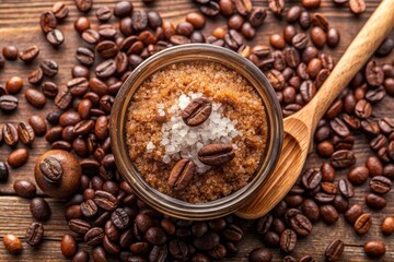 Poster - Coffee beans and a scoop of ground coffee in a wooden spoon.