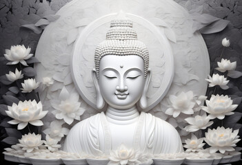 sculpture of white buddha with leaf
