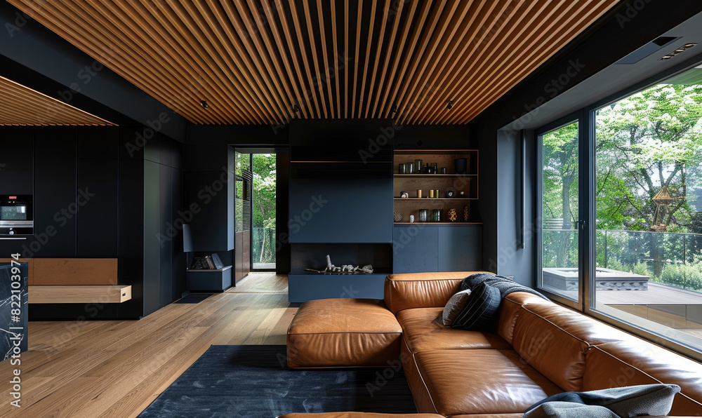 modern interior design, living room with fireplace, black walls and ...