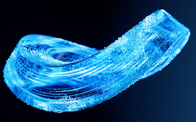 Poster - Glass geometry and flowing particles, 3d rendering.