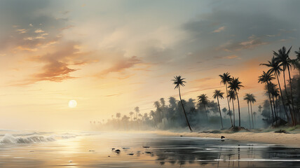 Wall Mural - palm trees, panorama landscape sunny morning on the tropical seashore in a light fog